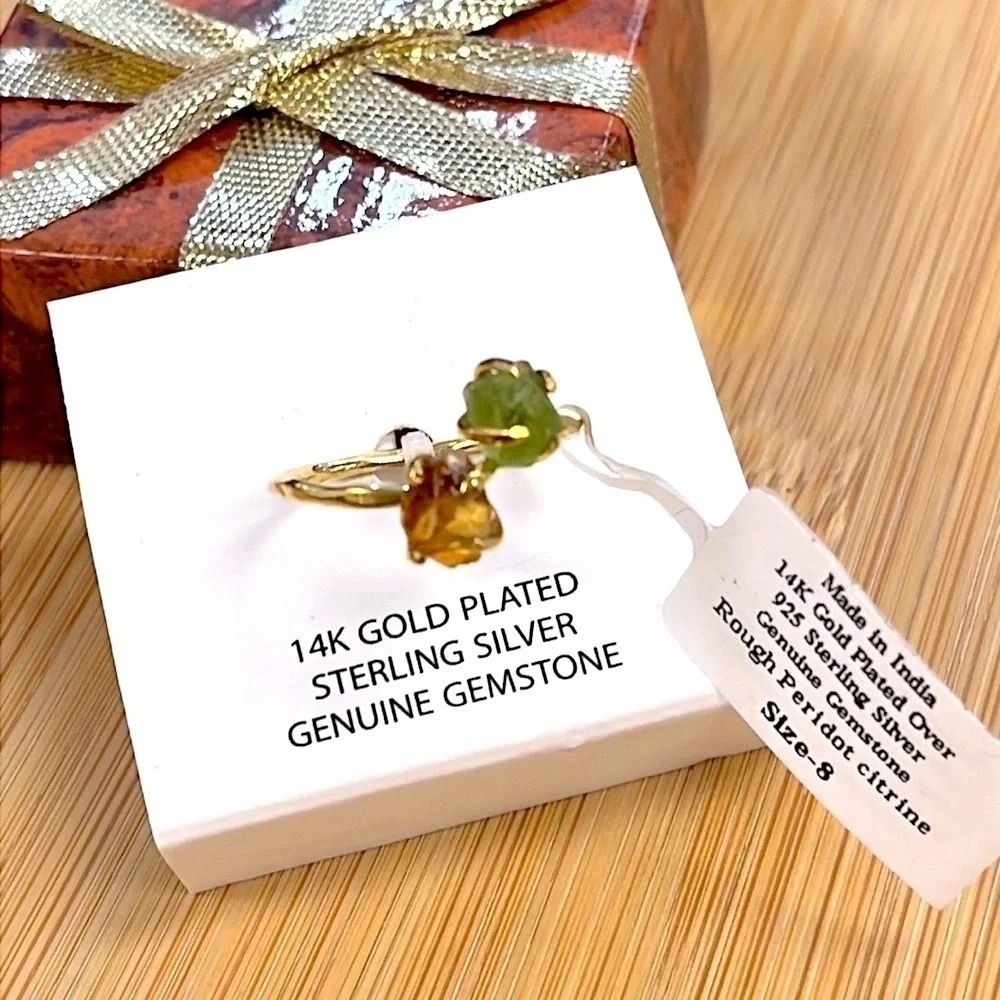 Brand New 14K Gold Plated Sterling Silver Genuine Gemstone Peridot Citrine Ring